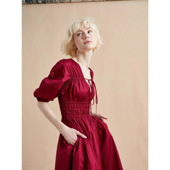 Loft Petite Shirred Tie Neck Midi Dress Rio Red Large - Picture 7 of 10